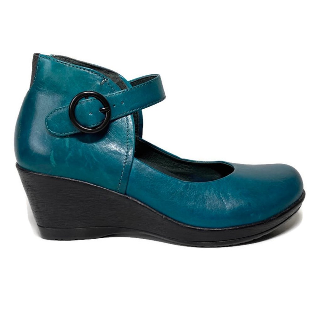 Teal Mary Jane Wedge Pumps